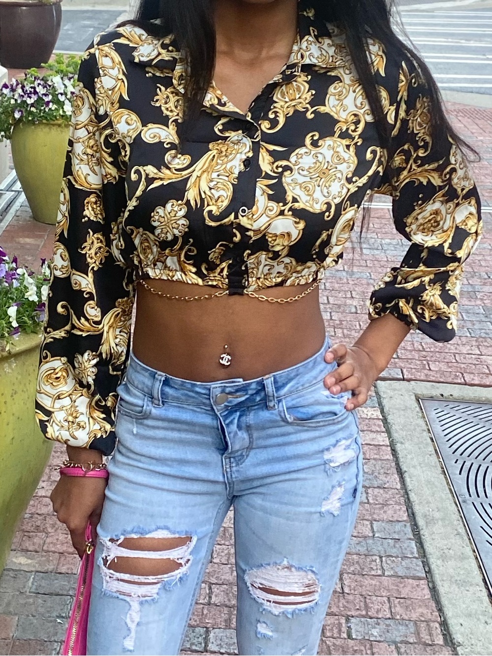 Black & Gold Baroque Cropped Button-Down Blouse w/ Gold Chain Accents